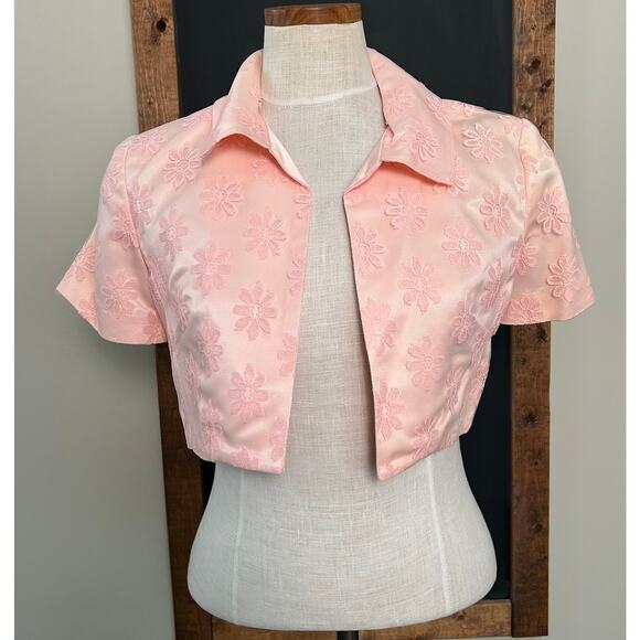 Vintage 50s Pink Satin Dress Bolero Set L Floral Brocade Cocktail Party Formal - Picture 3 of 16